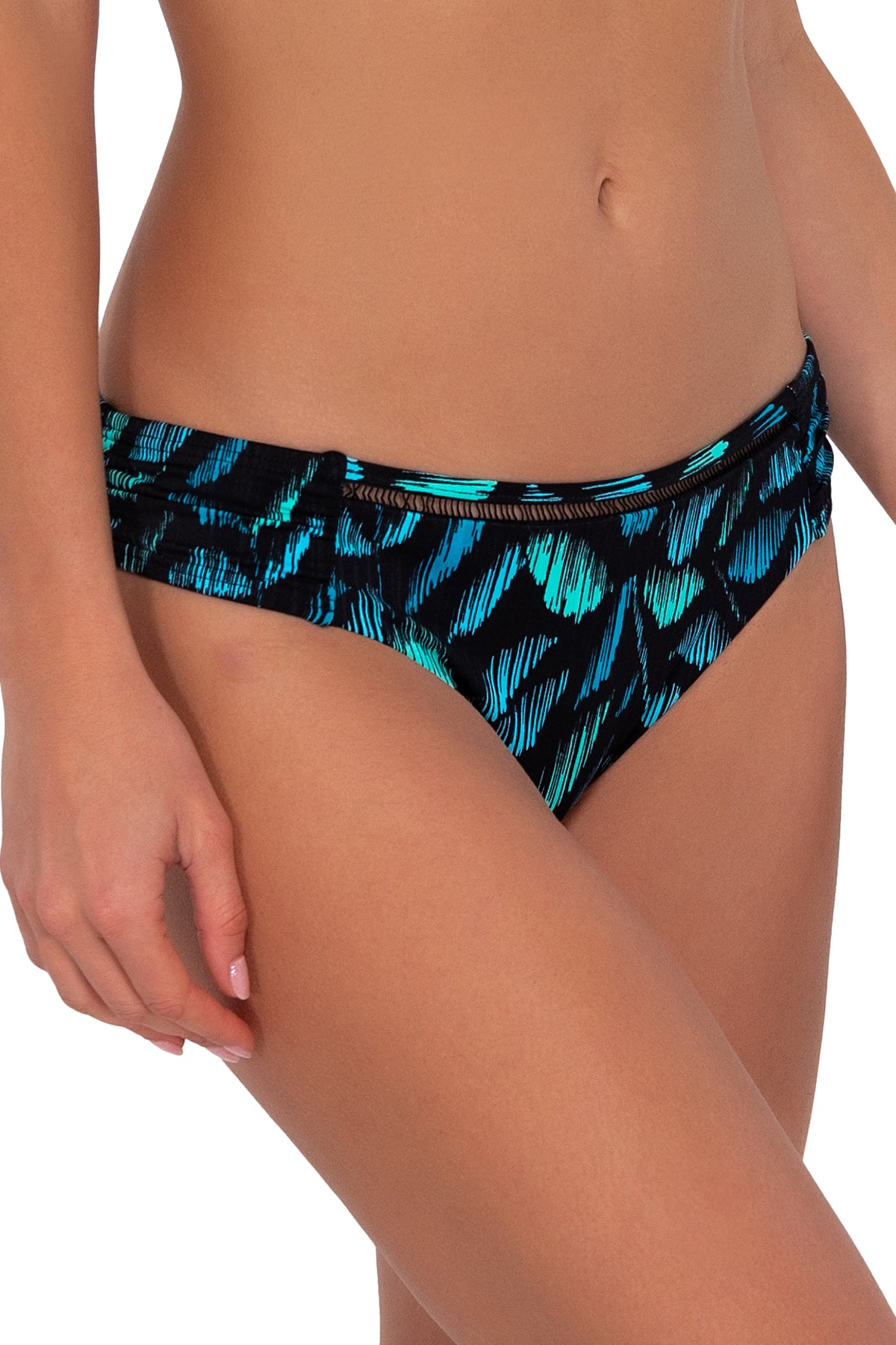 Side pose #1 of Gigi wearing Sunsets Cascade Seagrass Texture Audra Hipster Bottom