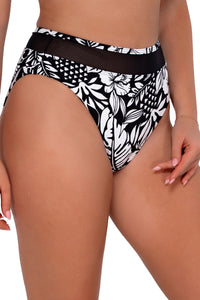 Side pose #1 of Taylor wearing Sunsets Caribbean Seagrass Texture Annie High Waist Bottom