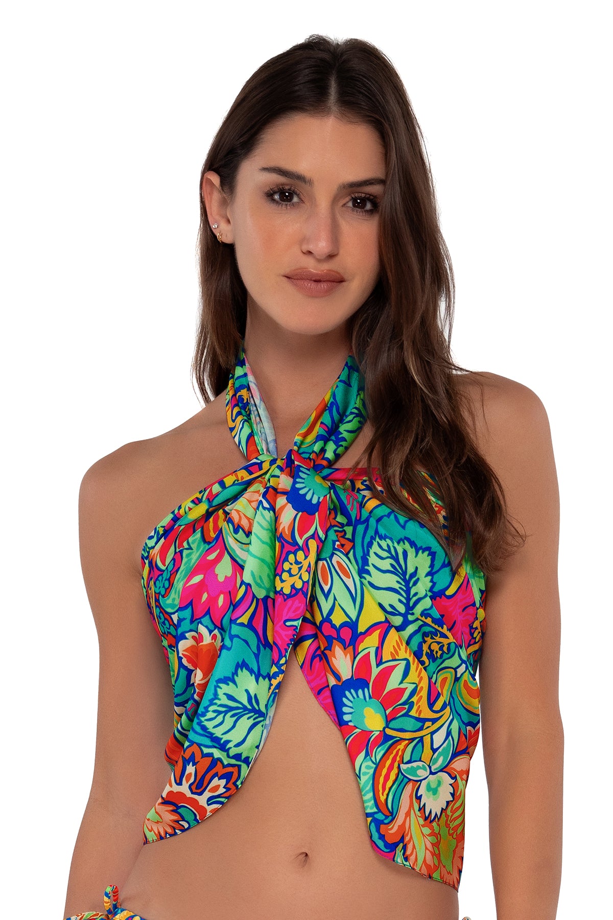 Front pose #1 of Gigi wearing Sunsets Fiji Philomena Pareo as a cross-neck halter Cover-up