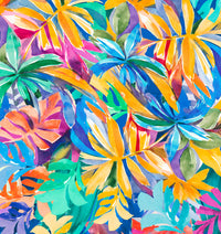 Sunsets Alegria tropical print with yellow, blue, green, red, and purple leaves