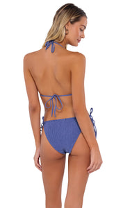 Back pose #1 of Jessica wearing Swim Systems Blue Iris Kali Triangle Top with matching Kali Tie Side bikini bottom