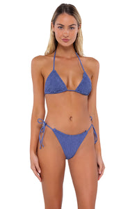 Front pose #1 of Jessica wearing Swim Systems Blue Iris Kali Tie Side Bottom with matching Kali Triangle bikini top