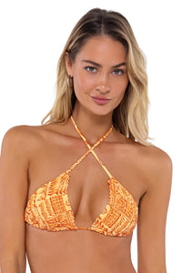 Front pose #1 of Jessica wearing Swim Systems Playa Hermosa Kali Triangle Top as a cross-neck scoop halter bikini