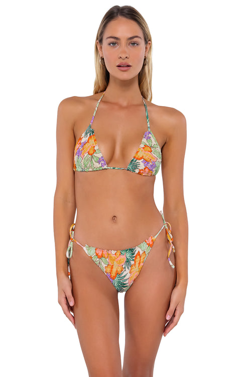 Front pose #1 of Jessica wearing Swim Systems Waimea Kali Triangle Top paired with Kali Tie Side smocked bikini bottom