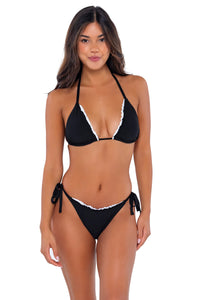 Front pose #1 of Chonzie wearing Swim Systems Black Monica Tie Side Bottom with matching Cambria Triangle bikini top
