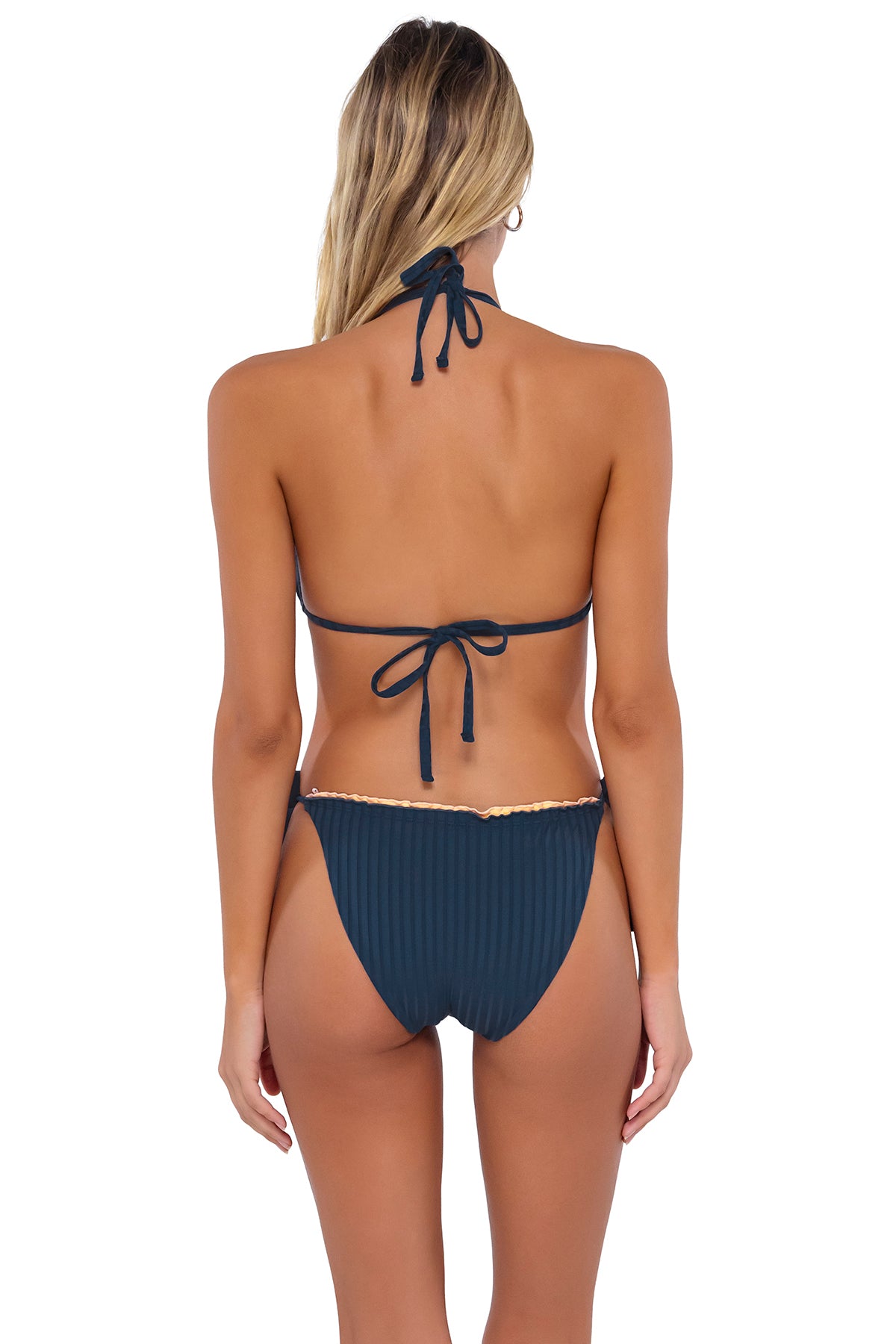 Back pose #1 of Jessica wearing Swim Systems Night Sky Bay Rib Monica Tie Side Bottom with matching Cambria Triangle bikini top