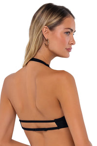Back pose #1 of Jessica wearing Swim Systems Onyx Hanalei Halter Top