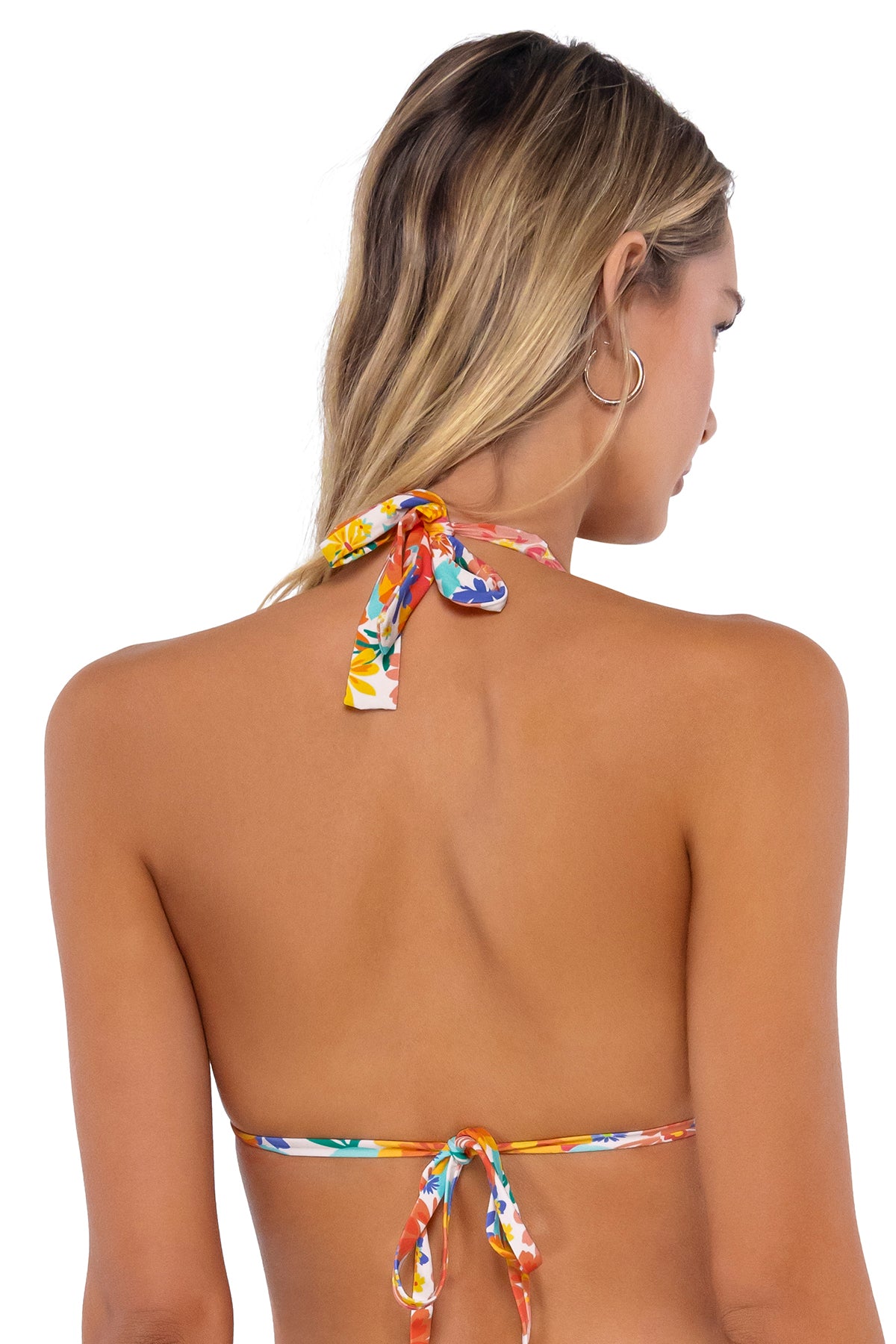 Back pose #1 of Jessica wearing Swim Systems Beach Blooms Mila Triangle Top