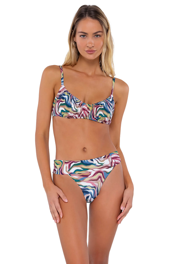 Front pose #1 of Jessica wearing Swim Systems Wild Wanderer Bonnie Top with matching Tatum bikini bottom showing folded waist