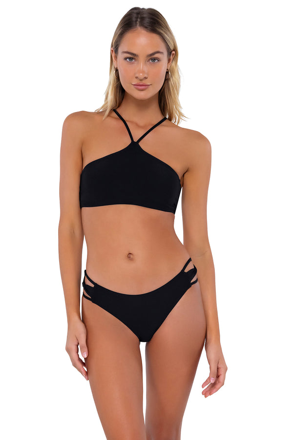 Front pose #1 of Jessica wearing Swim Systems Black Saylor Hipster Bottom with matching Roya bikini top