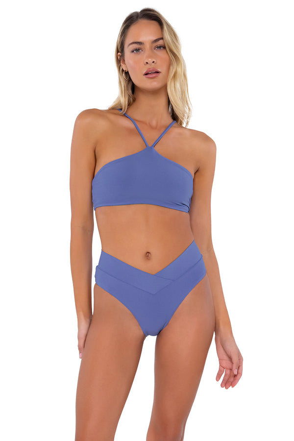 Front pose #1 of Jessica wearing Swim Systems Blue Iris Delfina V Front Bottom with matching Roya bikini top