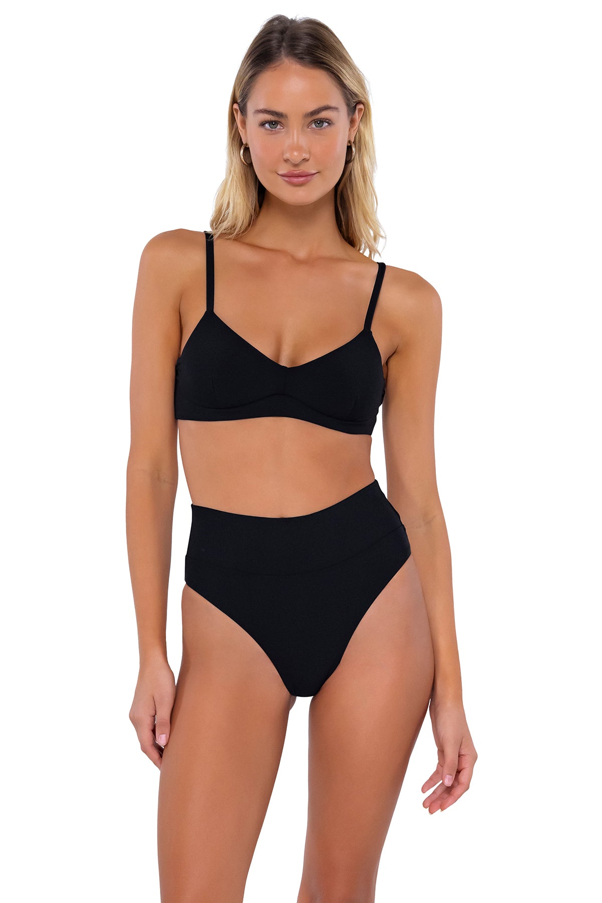 Front pose #1 of Jessica wearing Swim Systems Black Tatum Bottom with matching Annalee Underwire bikini top