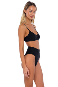Side pose #1 of Jessica wearing Swim Systems Black Tatum Bottom with matching Annalee Underwire bikini top