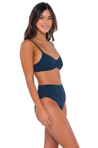 Side pose #1 of Chonzie wearing Swim Systems Night Sky Bay Rib Tatum Bottom with matching Annalee Underwire bikini top