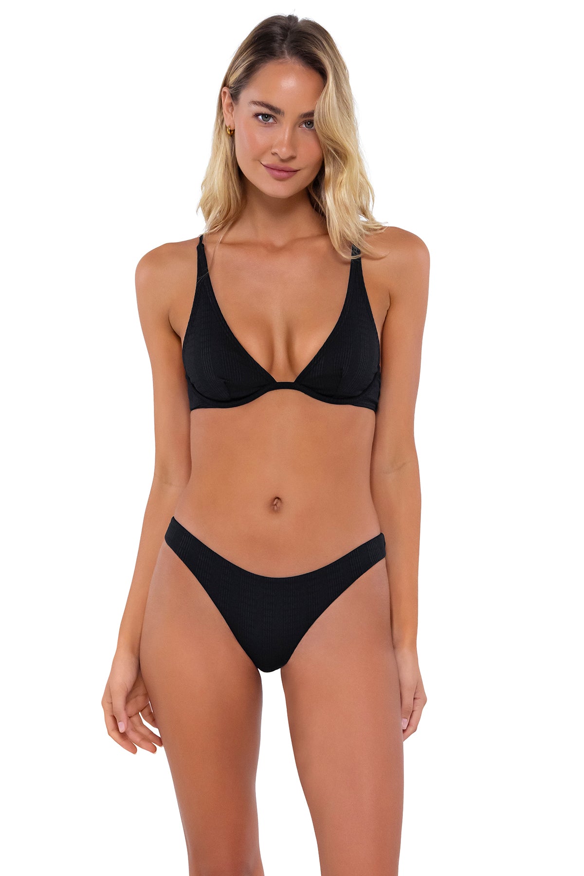 Front pose #1 of Jessica wearing B Swim Black Baja Rib Wyatt Top with matching Havana bikini bottom