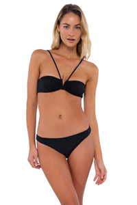 Front pose #2 of Jessica wearing B Swim Black Baja Rib Ryder Bottom with matching Anisa bikini top