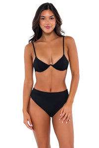 Front pose #1 of Chonzie wearing B Swim Black Baja Rib Margot Bottom with matching Macie bikini top