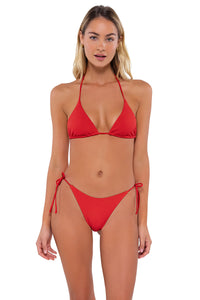 Front pose #1 of Jessica wearing B Swim Camellia Twist Rib Bermuda Triangle Top with matching Jaelyn bikini bottom