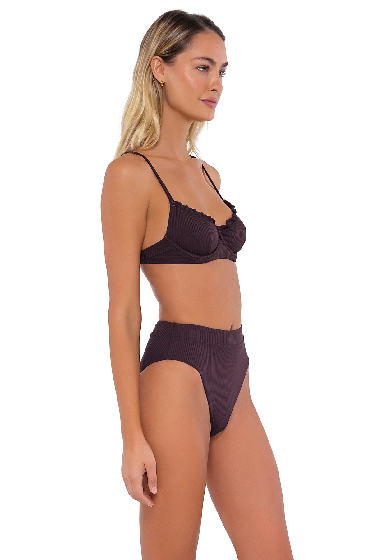 Side pose #1 of Jessica wearing B Swim Java Flat Rib Lyra Top with matching Margot bikini bottom